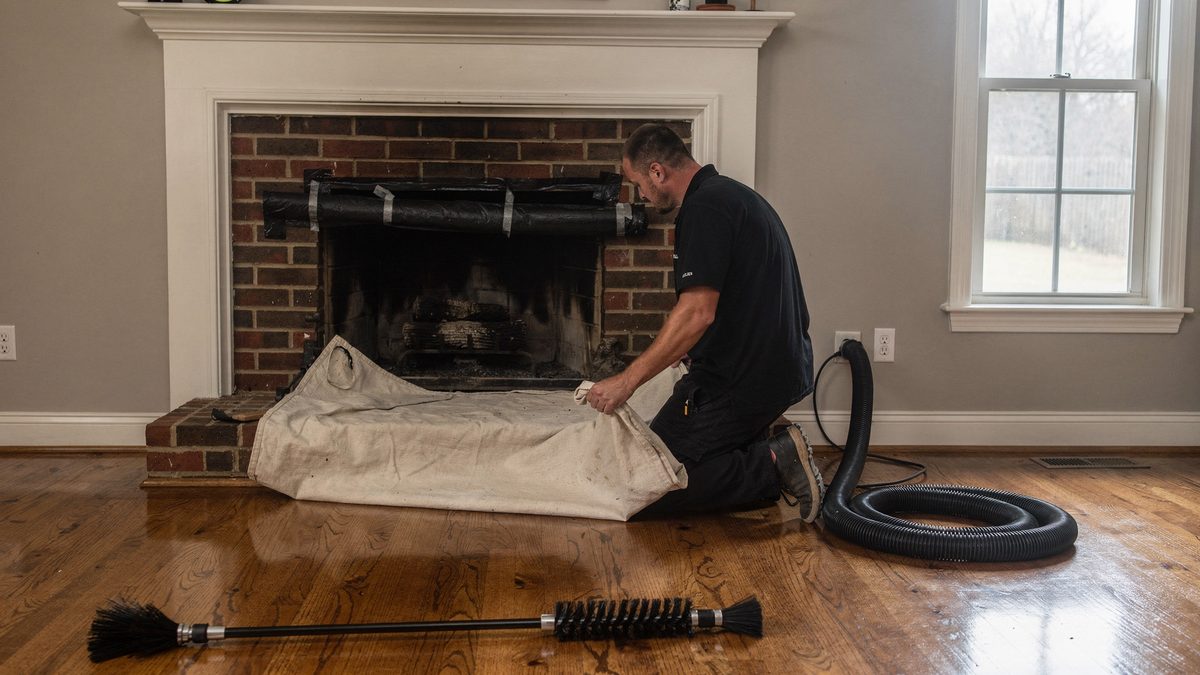 Chimney sweeping work on a residential masonry flue